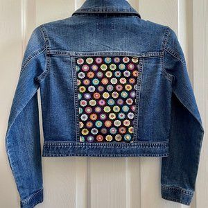 UPCYCLED APPLIQUED DECORATED GIRLS YOUTH DENIM JEAN JACKET ROUTE 66 SZ L 10-12